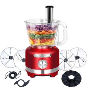 Homtone 16 Cup Food Processor, French-Fry-Cutter Food Processors, 9 Functions 7 Blades for Shredding, Slicing, Doughing, Emulsfying and Meat Vegetable Chopping for Home Use, 3 Speeds, 600W, Red