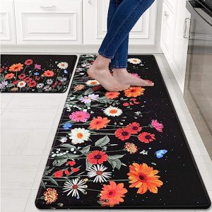 ASPMIZ Kitchen Rugs Sets of 2 Floral, Waterproof Kitchen Mats Cushioned Anti Fatigue, Farmhouse Kitchen Mat Rug Non Slip Washable, Floor Comfort Mats Kitchen Home, 18” x 48”+18” x 30”, Black