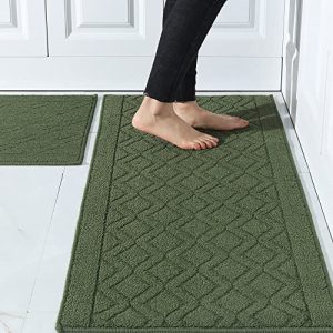 COSY HOMEER 48×20 Inch/30X20 Inch Kitchen Rug Mats Made of 100% Polypropylene 2 Pieces Soft Kitchen Mat Specialized in Anti Slippery and Machine Washable for Home Kitchen,Green