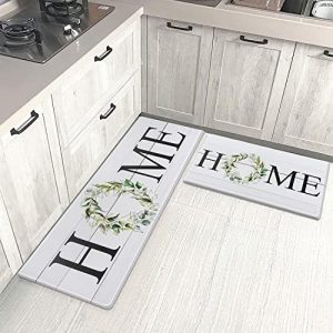 Collive Farmhouse Anti Fatigue Kitchen Mats for Floor 2 Piece Set Cushioned Kitchen Rugs and Mats Non Skid Waterproof Comfort Heavy Duty Kitchen Standing Mat for Bedroom Laundry Room