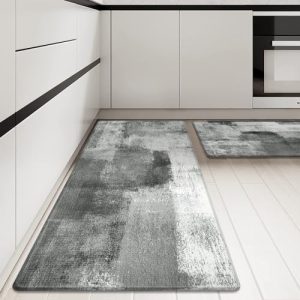 KIMDOE Boho Kitchen Rugs and Mats 2PCS Cushioned Anti Fatigue Kitchen Mat Non-Skid Waterproof Kitchen Runner Rug Ergonomic Comfort Foam Standing Mat for Home Decor,Floors,Office,Laundry,Abstract Grey