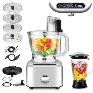 Homtone 16 Cup Food Processor, Aluminum-Diecast Blender and Food Processor Combo, 5 Preset Modes Vegetable Chopper Electric, 8 Blades 11 Functions for Home Use, Stepless Speed Control, 650W, Sliver