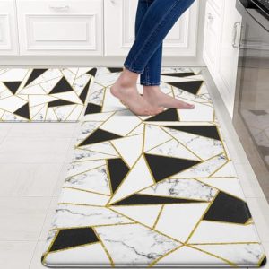 ASPMIZ Modern Marble Kitchen Rugs, Anti Fatigue Kitchen Mats for Floor 2 Piece Set, Memory Foam Kitchen Mats and Rugs Non Slip, Waterproof Kitchen Floor Comfort Mats, 18” x 48” + 18” x 30”