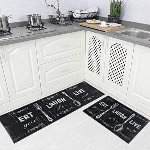 Carvapet 2 Pieces Kitchen Rug Set Non-Slip Backing Mat Throw for Kitchen Doormat Runner, Motto Design, Blackish/Dark Grey (17″x48″+17″x24″)