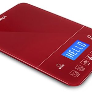 Ozeri Touch III 22 lb (10 kg) Digital Kitchen Scale with Calorie Counter in Tempered Glass, Red Engine