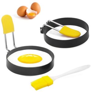 Mikim Egg Ring for Frying Eggs and Egg Mcmuffins Set of 2 with Anti-scald Handle, Round Ring Mold Shaper for English Muffins, Carbon Steel Non-stick Egg Cooker Ring 3″ with Silicone Oil Brush