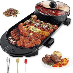 Electric Grill Hot Pot 2 in 1,Multifunctional Smokeless Grill Indoor Teppanyaki Grill/Shabu Pot with Divider-Separate Dual Temperature Contral,Non-Stick Pan BBQ Capacity for 2-12 People,110V(Black3.0)