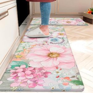 chiinvent Pink Floral Kitchen Rug Mats Set of 2 Boho Flower Anti Fatigue Kitchen Mats for Floor Non-Slip Cushioned Kitchen Floor Mat Comfort Standing Memory Foam Mat Waterproof PVC (17.3X 28+17.3X 47)