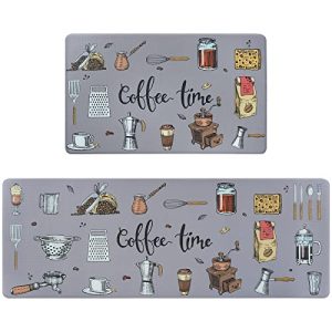Alishomtll 2 PCS Kitchen Rugs and Mats,Cushioned Anti-Fatigue Kitchen Rugs, Waterproof Non-Slip Kitchen Mats, Washable Coffee Time Kitchen Mats for Floor Kitchen Laundry Office (17.3″x30″+17.3″x47″)