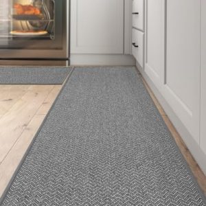 LUMI 2 Pieces Kitchen Mat Set, Non-Slip, Washable, Lightweight & Durable, Stain-Resistant，Easy to Clean, Stylish Floor Mat, Kitchen Mat for Floor, 29.5″x17″+59″x17″, Light Grey