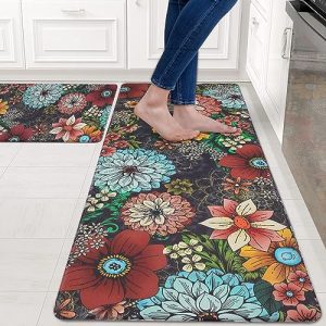 ASPMIZ Boho Kitchen Rugs Set of 2 Non Slip Washable, Farmhouse Floral Kitchen Mats Cushioned Anti Fatigue, Waterproof Rugs for Kitchen Floor Mats for in Front of Sink, 18” x 48” + 18” x 30”