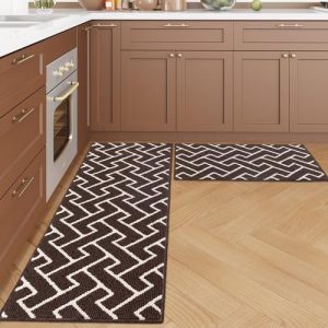 Kitchen Rugs and Mats Sets,2 Pieces Super Absorbent Polypropylene Non-Slip Rug,Soft Comfort Floor Mat,Machine Wash for Kitchen,Hallway,Office,Sink,Laundry(20″ x 31.5″ Plus 20″ x 59″,Dark Brown）