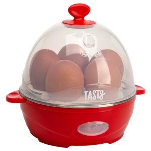 Tasty Mini Rapid Egg Cooker, 5-Egg Capacity for Perfect Hard Boiled Eggs or Omelets, Auto Shut Off, Red