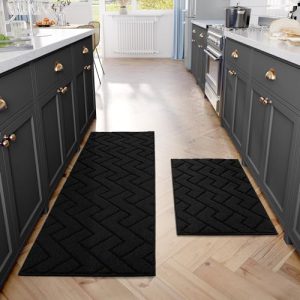 hicorfe Kitchen Rugs and Mats Sets,2 Pieces Super Absorbent Polypropylene Non-Slip Rug,Soft Comfort Floor Mat,Washable for Kitchen,Hallway,Office,Sink,Laundry(20″ x 31.5″ Plus 20″ x 48″,Black)