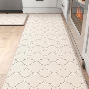 DEXI Kitchen Rugs Anti Fatigue Mats for Floor Cushioned Runner Rug Non Skid Comfort Foam Standing Mat for Office, Sink, 2 Pieces Set 17″x29″+17″x59″, Beige White