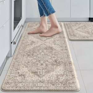 KIMODE Anti Fatigue Kitchen Mats 2 PCS 17″x47″+17″x29″, Boho Kitchen Rugs and Mats, Non Slip Cushioned Kitchen Mats for Floor, Waterproof Kitchen Floor Mats for Laundry, Office, Sink, Khaki