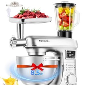 Flyseago Stand Mixer 8-IN-1 8.5 Qt Multifunctional Fermentation Electric Kitchen Mixer 6 Speed Tilt-Head with Stainless Steel Bowl, 1.5L Glass Jar, Meat Grinder, Dough Hook, Whisk, Pasta Attachment