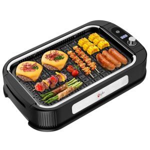 Indoor Grill, Smokeless Indoor Electric Griddle with Turbo Smoke Extractor Technology, Non-stick Cooking Surfaces, Tempered Glass Lid, 1500W Quick Heating, Great for Party