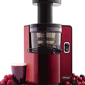 Omega VSJ843QR Vertical Masticating Juicer, 43 RPM Compact Cold Press Juicer Machine with Automatic Pulp Ejection, 150 W, Red