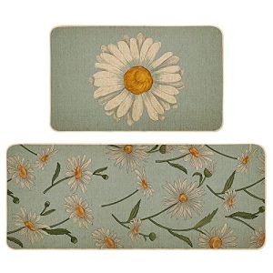 Spring Kitchen Mats Set of 2, Floral Kitchen Rugs and Door Mats, Non-Slip Absorbent Floor Mat Seasonal Kitchen Decorative 17×29 and 17×47 Inch DM066