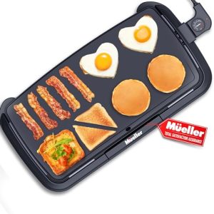 Mueller HealthyBites 20-inch Electric Griddle, Cool-Touch Handles, Slide-Out Drip Tray for Breakfast Pancakes, Burgers, and Eggs, Eco-Friendly Pancake Grill, 10 Eggs at Once, Nonstick & Teflon-Free