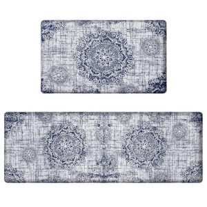 Lahome Anti Fatigue Kitchen Mats for Floor 2 Pieces, Cushioned Comfort Kitchen Rug Sets Floral Distressed Standing Mat Waterproof Mat for Kitchen Sink, 17.3″ x 47″+ 17.3″ x 30″