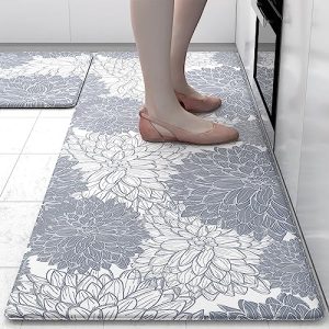 OTOB Kitchen Floor Mats Cushioned Anti Fatigue Grey Floral Kitchen Rugs Non Slip Waterproof Memory Foam Kitchen Floor Mat Ergonomic Cushioned Comfort Standing Mat for Kitchen Floor, Laundry Room