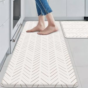 KIMODE Anti Fatigue Kitchen Mat, Farmhouse Kitchen Rugs Sets of 2, Cushioned Kitchen Floor Mats Non Slip, Waterproof Comfort Foam Standing Desk Mat for Laundry, Office, Sink, Beige and White