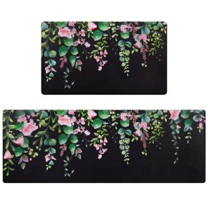 Likiyol Kitchen Rugs Non Slip Washable Anti Fatigue Kitchen Mats for Floor Eucalyptus Leaves Floral Kitchen Rugs and Mats, PVC Standing Rugs for Kitchen Floor, Office, Sink 18”x30”+18”x48”