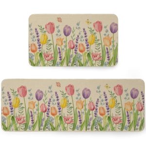 ARKENY Spring Kitchen Mats Set of 2, Tulip Floral Kitchen Rugs and Door Mats, Non-Slip Absorbent Floor Mat Seasonal Kitchen Decorative 17×29 and 17×47 Inch AKM033