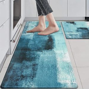 KIMDOE Boho Kitchen Rugs and Mats 2PCS Cushioned Anti Fatigue Kitchen Mat Non-Skid Waterproof Kitchen Runner Rug Ergonomic Comfort Foam Standing Mat for Home Decor,Floors,Office,Laundry,Abstract Blue