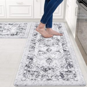 ASPMIZ Gray Boho Kitchen Rugs Sets of 2 Non Slip, Waterproof Kitchen Rugs and Mats Washable, Cushioned Anti-Fatigue Kitchen Rugs, Vintage Kitchen Area Rug Floor for Sink, 18” x 48” + 18” x 30”