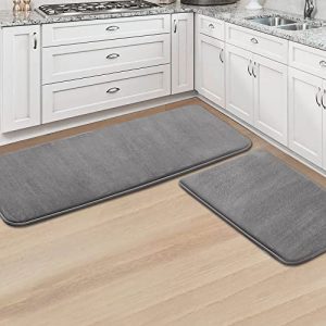 H.VERSAILTEX Kitchen Mat 2 PCS Kitchen Rugs Non Slip Memory Foam Flannel Velvety Kitchen Runner Rug Water Absorbent Soft Kitchen Rug Set for Floor Rug Standing Rugs(47″ x 17″ + 24″ x 17″, Grey)