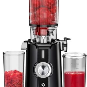 Rush Clear Slow Masticating Juicer Machines, Cold Press Juicer with No-Prep 4.35″ Feed Chute Fit Whole Fruits & Vegetables Juicer Machine Easy to Clean, LINKChef 42oz Capacity, 200w, Black