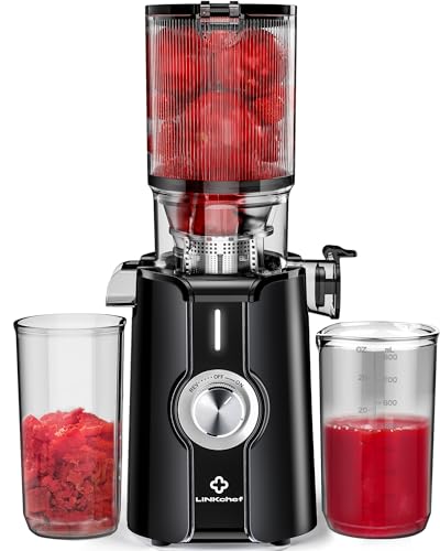 Rush Clear Slow Masticating Juicer Machines, Cold Press Juicer with No-Prep 4.35″ Feed Chute Fit Whole Fruits & Vegetables Juicer Machine Easy to Clean, LINKChef 42oz Capacity, 200w, Black