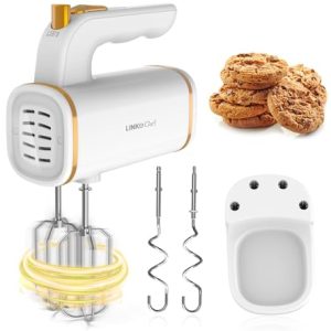 LINKChef Electric Hand Mixer for Baking 450W, 5 Speed Hand Held Mixers Kitchen Electric with Storage Case, Hand Mixer with Dough Hooks and Beaters, Eject and Turbo Mode, White