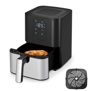 Kitchen Elite Air Fryer Oven 4.5QT, Space Saving, 1 Touch Digital Display, Compact, Non-stick And Dishwasher Safe Basket, Black & Stainless Steel,Update