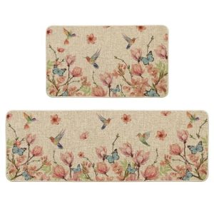 Artoid Mode Mangnolia Hummingbird Spring Kitchen Mats Set of 2, Seasonal Home Decor Leaves Low-Profile Kitchen Rugs for Floor – 17×29 and 17×47 Inch