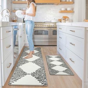 KIMODE Anti Fatigue Kitchen Mats,Geometric Farmhouse Kitchen Rugs Sets of 2,Non Slip Waterproof Kitchen Mats for Floor,Ergonomic Comfort Foam Standing Mat for Office, Sink,Laundry,Black and Beige