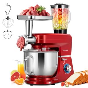 VIVOHOME 6 in 1 Multifunctional Stand Mixer with 8.5 Quart Stainless Steel Bowl, 660W 10 Speed Tilt-Head Meat Grinder, Juice Blender, Vegetable Slicer, Pasta and Cookie Maker, Red