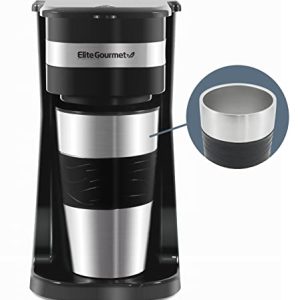 Elite Gourmet EHC111A Personal Single-Serve Compact Coffee Maker Brewer Includes 14Oz. Stainless Steel Interior Thermal Travel Mug, Compatible with Coffee Grounds, Reusable Filter, Black