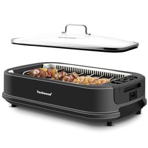 Techwood Indoor Smokeless Grill 1500W Electric Grill with Tempered Glass Lid, Compact & Portable Non-Stick BBQ Grill with Turbo Smoke Extractor Technology, LED Smart Control Panel, Black