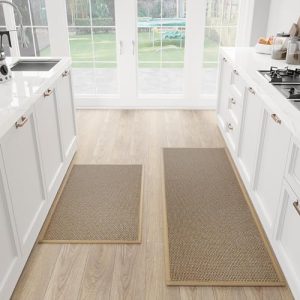 SUMLANS Kitchen Mat Set of 2 PCS, Rubber Backing Cushioned Non Slip Kitchen Rugs for Floor, Absorbent Runner Comfort Standing Mats Washable for Kitchen, Office, Home, 17.3″x47″+17.3″x30″ (Brown)