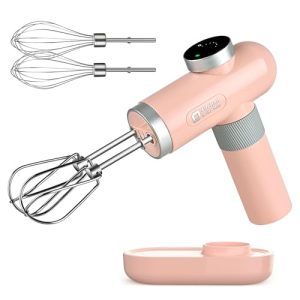 Kitchen in the box Cordless Hand Mixer, Knob Adjust, Digital Display, 6 Speed Electric Handheld Mixer with Whisks, Beaters, the Charging Base and the USB-C Charge Cable-Pink.