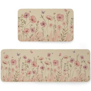 ARKENY Spring Decorative Kitchen Mats Set of 2, Non-Slip Absorbent Rug and Door Mats, Hello Spring Seasonal Flowers Kitchen Floor Mat 17×29 and 17×47 Inch AKM046