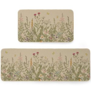 ARKENY Spring Decorative Kitchen Mats Set of 2, Non-Slip Absorbent Rug and Door Mats, Hello Spring Seasonal Flowers Kitchen Floor Mat 17×29 and 17×47 Inch AKM055