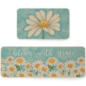 ARKENY Buffalo Plaid Daisy Spring Kitchen Mats Set of 2, Summer Home Decor Bloom with Grace Low-Profile Kitchen Rugs for Floor – 17×29 and 17×47 Inch AKM044