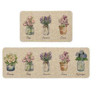 Artoid Mode Tulip Lavender Hydrangea Flowers Spring Kitchen Mats Set of 2, Home Decor Low-Profile Kitchen Rugs for Floor – 17×29 and 17×47 Inch