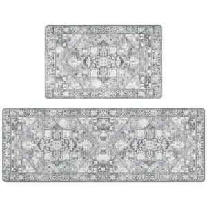 Cekene Boho Kitchen Rugs Set of 2, Kitchen Mats for Floor Cushioned, Kitchen Floor Mats Non Slip, Grey Comfort Kitchen Floor Carpet Runner for Kitchen Laundry, 17”x28”+17”x47”