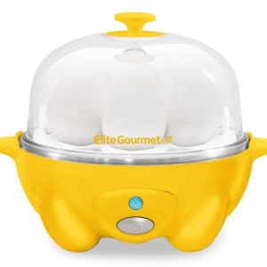 Elite Gourmet EGC-007Y Rapid Egg Cooker, 7 Easy-To-Peel, Hard, Medium, Soft Boiled Eggs, Poacher, Omelet Maker, Auto Shut-Off, Alarm, 16-Recipe Booklet, Yellow